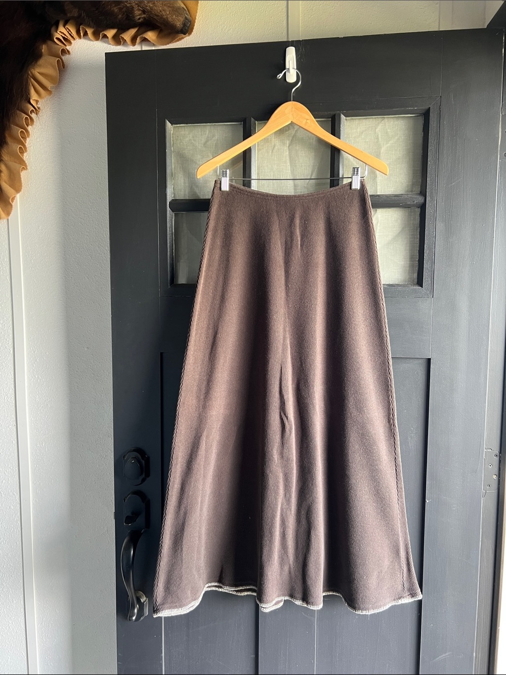 Fitigues brown waffle knit maxi skirt with white stitched hem size medium